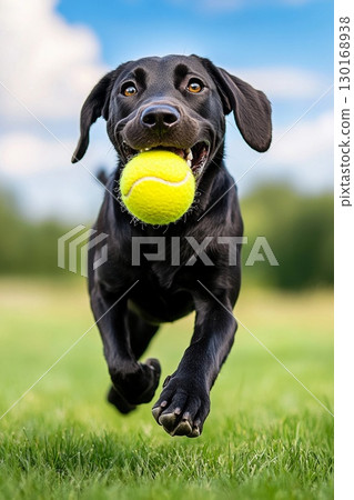 A black dog sprinting with a tennis ball in its mouth 130168938