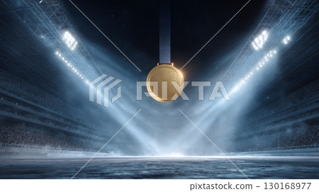 Gold medal hanging in bright spotlight with empty stadium background, symbolizing victory and achievement in sports competition 130168977