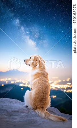 凝視星空與夜景的黃金獵犬的背影 130168978