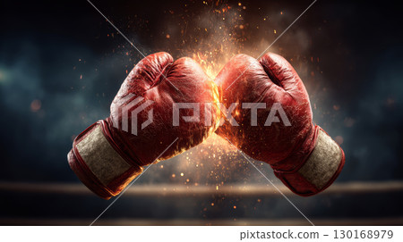 Boxing glove Fight Sport Competition Power Impact Red Leather Energy Strength Two red boxing gloves collide with fiery sparks, symbolizing intense 130168979