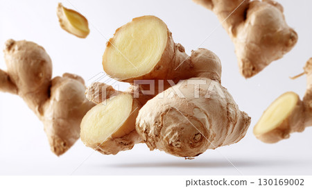 Fresh ginger root with sliced pieces floating on white background, showcasing natural texture and earthy color in vibrant composition 130169002