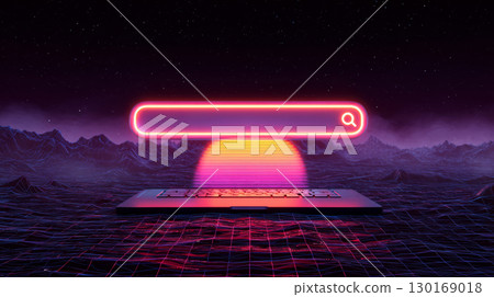 Neon search bar glowing above laptop keyboard with digital sunset and futuristic grid landscape under starry sky at night 130169018