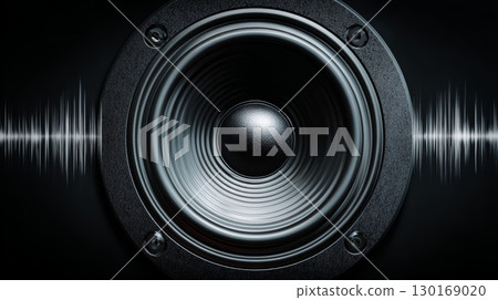 Loudspeaker cone close up with sound wave graphic on black background, representing audio technology and powerful sound experience 130169020