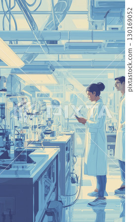 In modern laboratory, female scientist in white coat is using tablet while other researchers work with advanced equipment, creating busy scientific environment filled with innovation and teamwork In modern laboratory, female scientist in white coat is using tablet while other researchers work with advanced equipment, creating busy scientific environment filled with innovation and teamwork 130169052