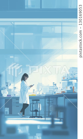Female scientist in laboratory using smartphone, surrounded by scientific equipment and glassware, with bright natural light streaming in, creating modern and professional research environment Female scientist in laboratory using smartphone, surrounded by scientific equipment and glassware, with bright natural light streaming in, creating modern and professional research environment 130169053
