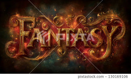 Fantasy word with glowing golden ornate letters and magical fiery background, creating mystical and enchanting atmosphere Fantasy word with glowing golden ornate letters and magical fiery background, creating mystical and enchanting atmosphere 130169106