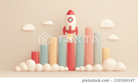 Rocket bar chart growth business success launch cloud progress finance startup innovation achievement upward graph data increase development 130169147