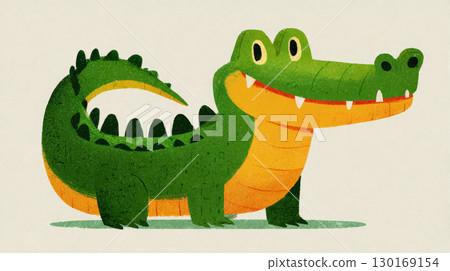 Cartoon crocodile with green body and orange belly smiling with visible teeth on light background 130169154