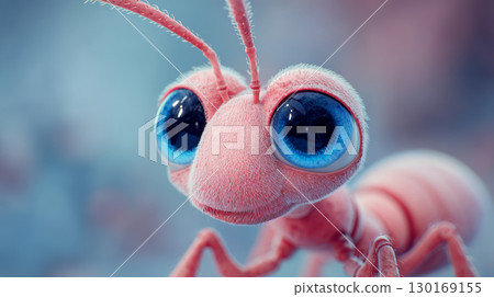 Cute pink ant with big blue eyes close up, soft texture and friendly expression in blurred natural background Cute pink ant with big blue eyes close up, soft texture and friendly expression in blurred natural background 130169155
