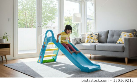 Children playing on a slide indoors 130169213