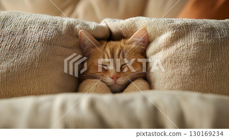 Cat sleeping buried in a cushion 130169234