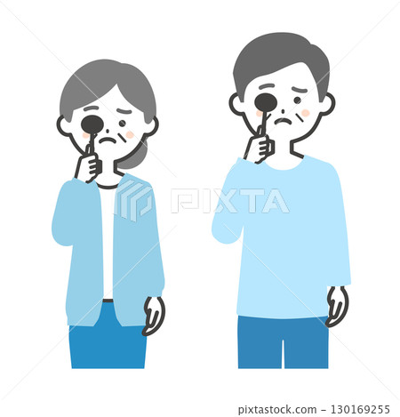 Illustration of an elderly man and woman with troubled faces hiding one eye with a blindfold 130169255