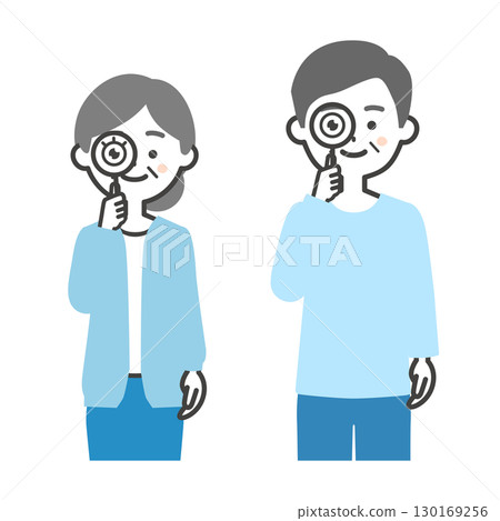 Illustration of an elderly man and woman looking through a magnifying glass 130169256