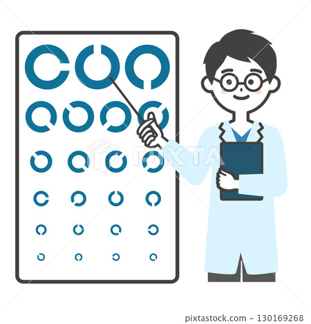 Illustration of a male ophthalmologist with glasses pointing at an eye chart 130169268