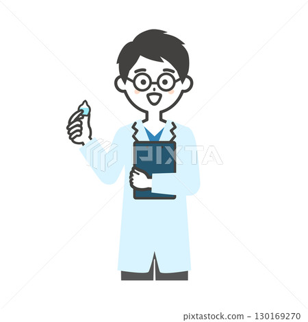 Illustration of a male ophthalmologist with glasses holding eye drops Illustration of a male ophthalmologist with glasses holding eye drops 130169270
