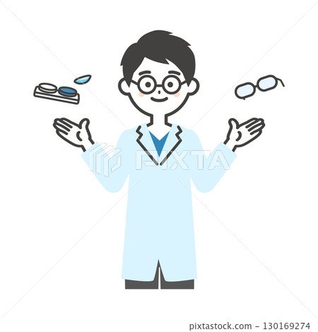 一位男性眼科醫生比較隱形眼鏡和眼鏡的插圖 130169274