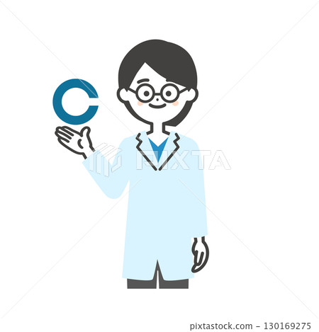 Illustration of a female ophthalmologist with glasses holding a Landolt ring 130169275