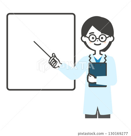 Illustration of a female doctor with glasses pointing at a whiteboard with a pointer 130169277