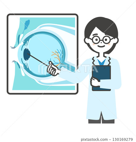 Illustration of a female doctor with glasses pointing at the crystalline lens with a pointer Illustration of a female doctor with glasses pointing at the crystalline lens with a pointer 130169279