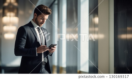 confident businessman using smartphone in modern office lobby 130169317