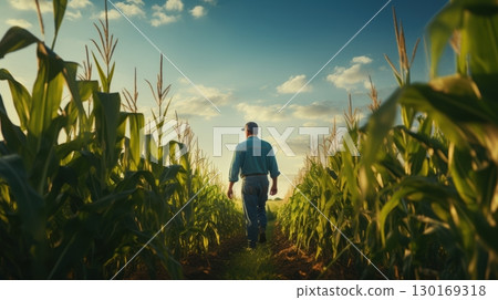 farmer walking through cornfield at sunset 130169318