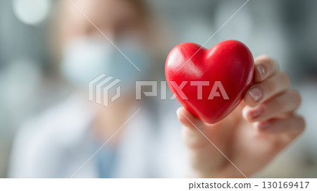 Red heart held by medical professional wearing mask, symbolizing care and compassion in healthcare environment 130169417