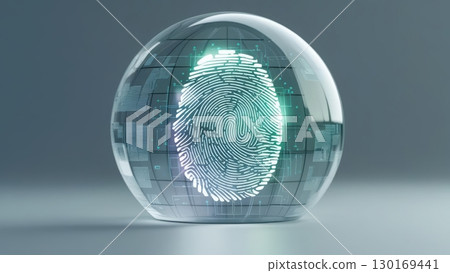 Futuristic digital fingerprint enclosed in a transparent glass sphere with high-tech data circuit background representing biometric security technology 130169441