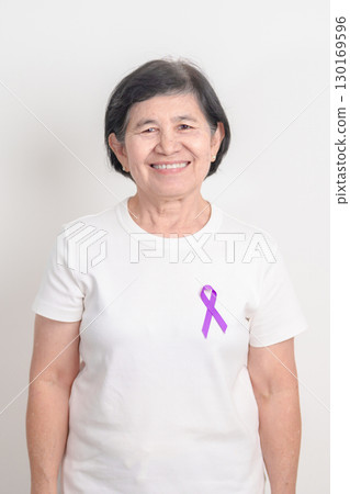 Elderly with Purple Ribbon for Violence, Pancreatic, Esophageal, Testicular cancer, Alzheimer, Epilepsy, Lupus, Crohn, Thyroid, Sarcoidosis and Fibromyalgia. Awareness month and World cancer day Elderly with Purple Ribbon for Violence, Pancreatic, Esophageal, Testicular cancer, Alzheimer, Epilepsy, Lupus, Crohn, Thyroid, Sarcoidosis and Fibromyalgia. Awareness month and World cancer day 130169596