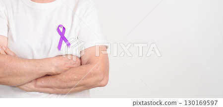 Elderly with Purple Ribbon for Violence, Pancreatic, Esophageal, Testicular cancer, Alzheimer, Epilepsy, Lupus, Crohn, Thyroid, Sarcoidosis and Fibromyalgia. Awareness month and World cancer day Elderly with Purple Ribbon for Violence, Pancreatic, Esophageal, Testicular cancer, Alzheimer, Epilepsy, Lupus, Crohn, Thyroid, Sarcoidosis and Fibromyalgia. Awareness month and World cancer day 130169597