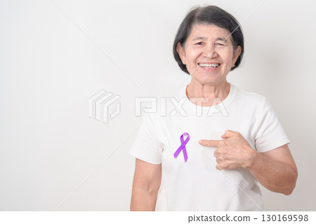 Elderly with Purple Ribbon for Violence, Pancreatic, Esophageal, Testicular cancer, Alzheimer, Epilepsy, Lupus, Crohn, Thyroid, Sarcoidosis and Fibromyalgia. Awareness month and World cancer day Elderly with Purple Ribbon for Violence, Pancreatic, Esophageal, Testicular cancer, Alzheimer, Epilepsy, Lupus, Crohn, Thyroid, Sarcoidosis and Fibromyalgia. Awareness month and World cancer day 130169598