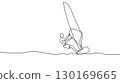 One line windsurfer illustration. Continuous drawing water sport sailing extreme activity. Adventure tourism travel recreation. Minimalist style white background vector 130169665