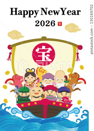 2026 Year of the Horse New Year's Card Template with a hand-drawn Japanese illustration of the Seven Lucky Gods riding on a treasure ship 2026 Year of the Horse New Year's Card Template with a hand-drawn Japanese illustration of the Seven Lucky Gods riding on a treasure ship 130169702