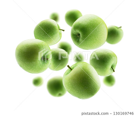 Green apples levitate on a white background Green apples levitate on a white background 130169746