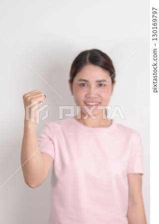Adult woman with pink Shirt for Pink October Breast Cancer Awareness month, May Women Health, women rights, Empowerment, March International Women day, February Valentine, May International Mother 130169797