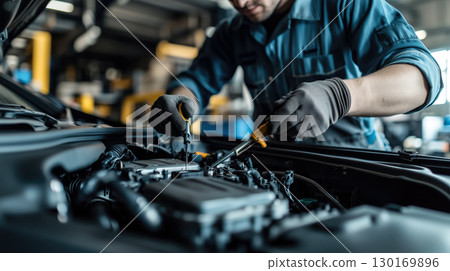 A car mechanic technician repairs a car in an auto repair shop, tools in hand and focused on the work. The concept of expertise, maintenance, and the essential role of mechanics in vehicle care. Gener 130169896