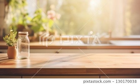 sunny kitchen countertop with glass jars and flowers sunny kitchen countertop with glass jars and flowers 130170038