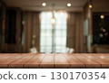 Empty wooden table top with lights bokeh on blur restaurant background. 130170354