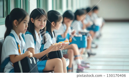 Asian Schoolgirls Eating Snacks on a Bench 130170406