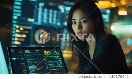 Woman Working Late on Computer with Data Screens 130170441
