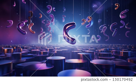 abstract 3d render of purple and gold curved shapes hanging over 130170492