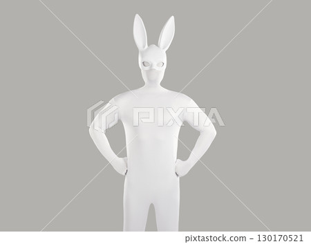 Portrait of unrecognizable person wearing white spandex costume and hare mask with long ears. 130170521