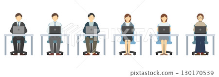 Flat illustration: Men and women in suits working on computers (front) Flat illustration: Men and women in suits working on computers (front) 130170539