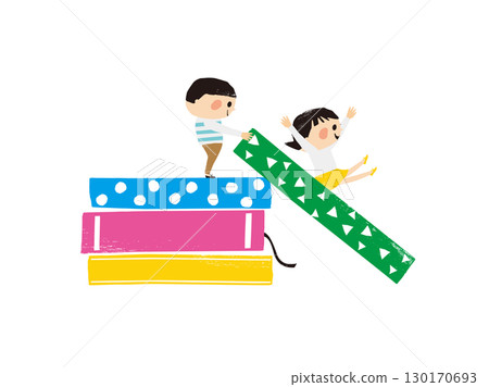 Children playing slide with big book Girl sliding Children playing slide with big book Girl sliding 130170693