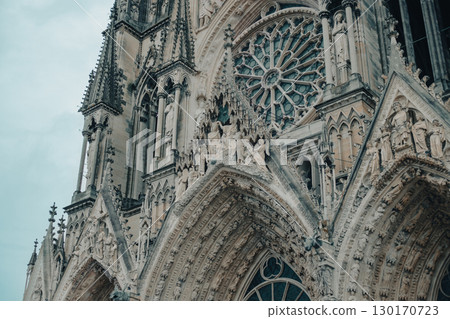 Reims Cathedral, Gothic decoration in the center of the facade (oblique angle) 130170723