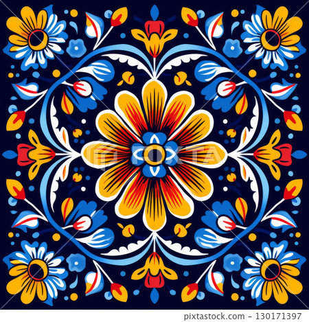 Mexican ceramic tile set with floral and geometric decorative blue red and yellow pattern 130171397