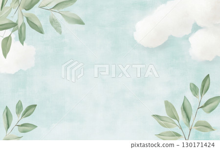 Blue sky and white clouds with green leaves border, nature abstract background 130171424