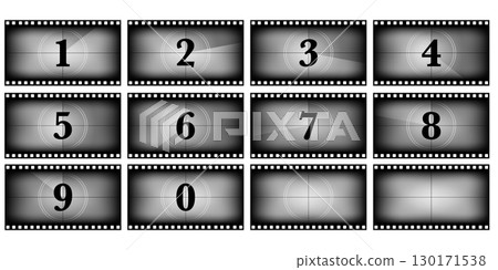 Movie countdown timer background set in 16x9 format. Vintage filmstrip numbers with retro frame design. Classic cinema screen intro animation for video presentation or motion picture project 130171538