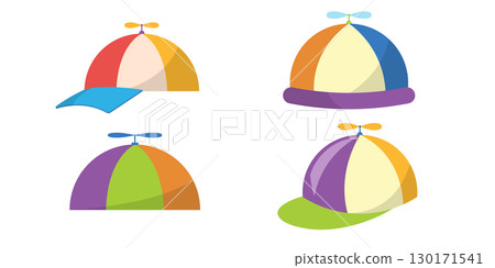 Collection of vibrant propeller cap icons set vector illustration playful hat assortment colorful whimsical styles fun headwear isolated design graphic element childhood accessory background Collection of vibrant propeller cap icons set vector illustration playful hat assortment colorful whimsical styles fun headwear isolated design graphic element childhood accessory background 130171541