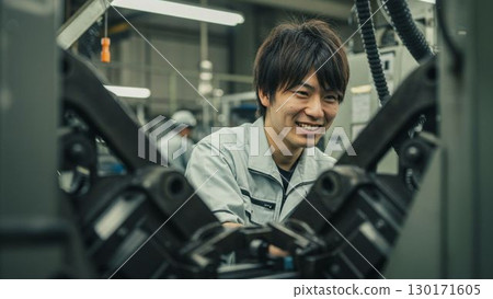 Male worker performing equipment maintenance at a factory 130171605