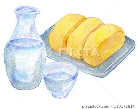 Watercolor illustration: Cold sake and rolled omelet Watercolor illustration: Cold sake and rolled omelet 130171614
